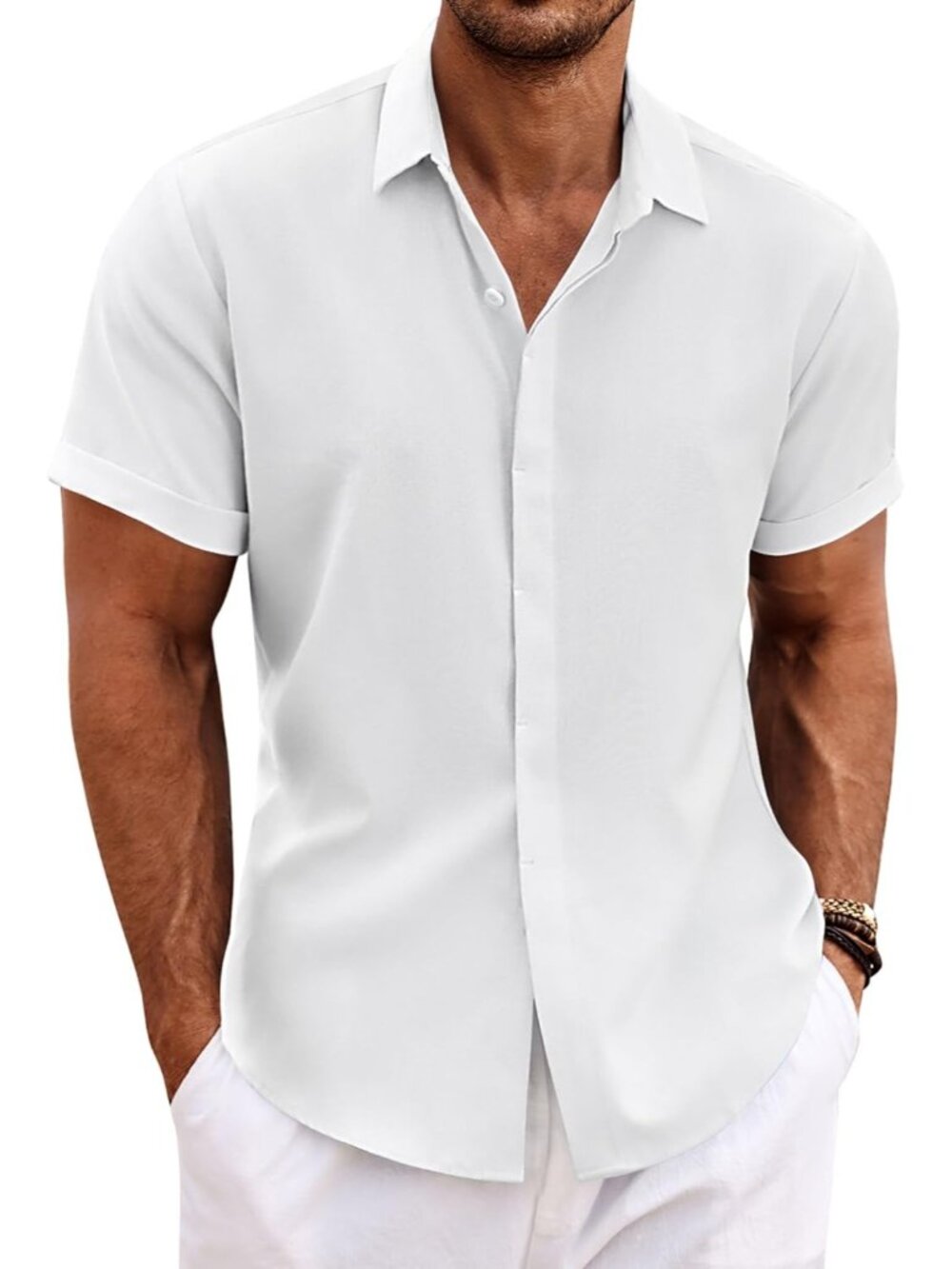 Mens All White Classic Beach Linen Sleeve Casual Imported Button Dow Short Shirt